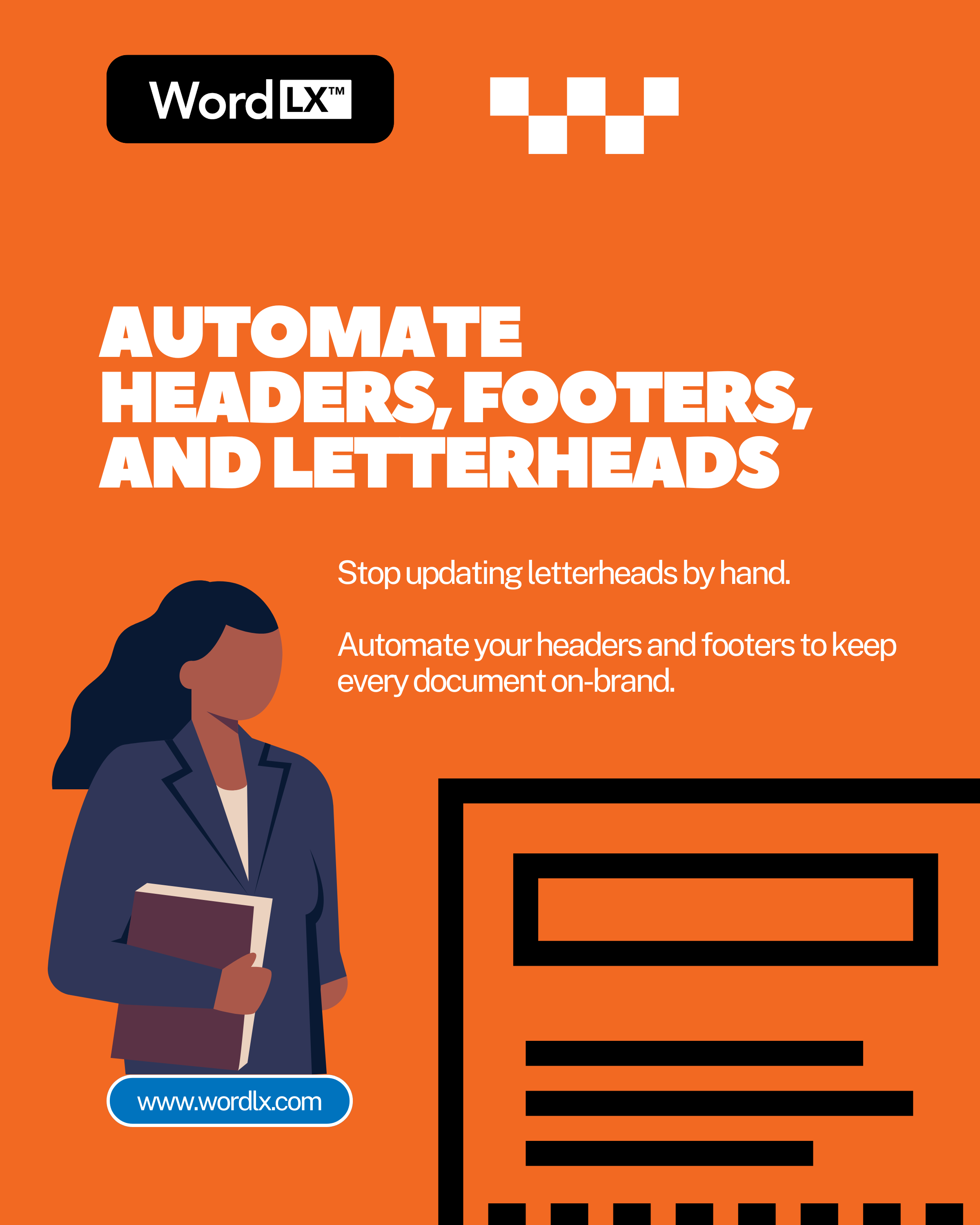 Lawyer updates automated letterhead and footer elements in Microsoft Word for consistent branding.