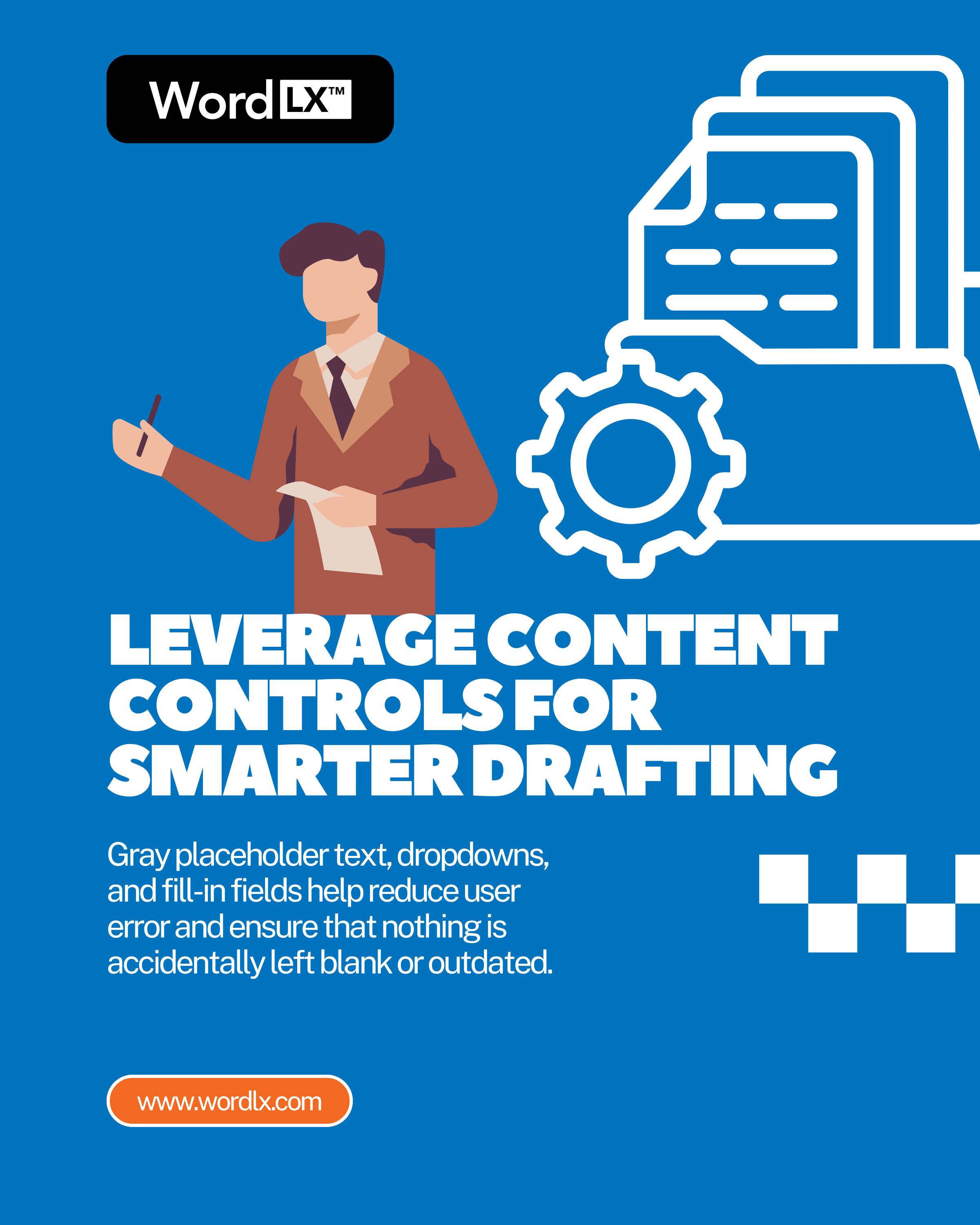 Illustration of a lawyer holding a pen beside a folder and document gear icon with the headline &ldquo;Leverage content controls for smarter drafting,&rdquo; showing how automation improves legal document drafting accuracy.