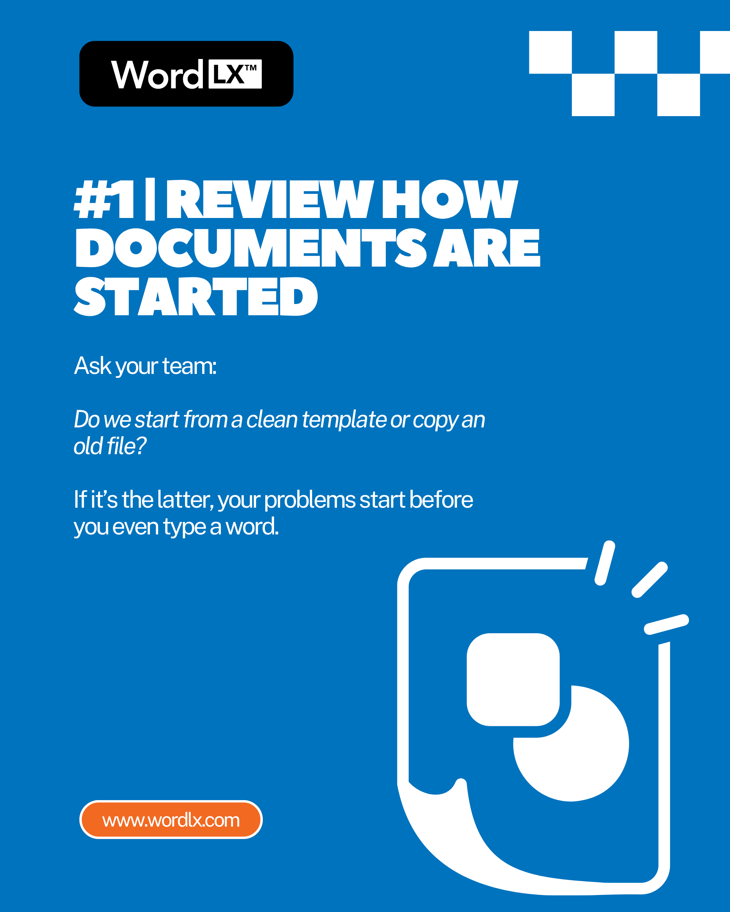 Illustration showing a document startup icon for the first step of a Microsoft Word audit.