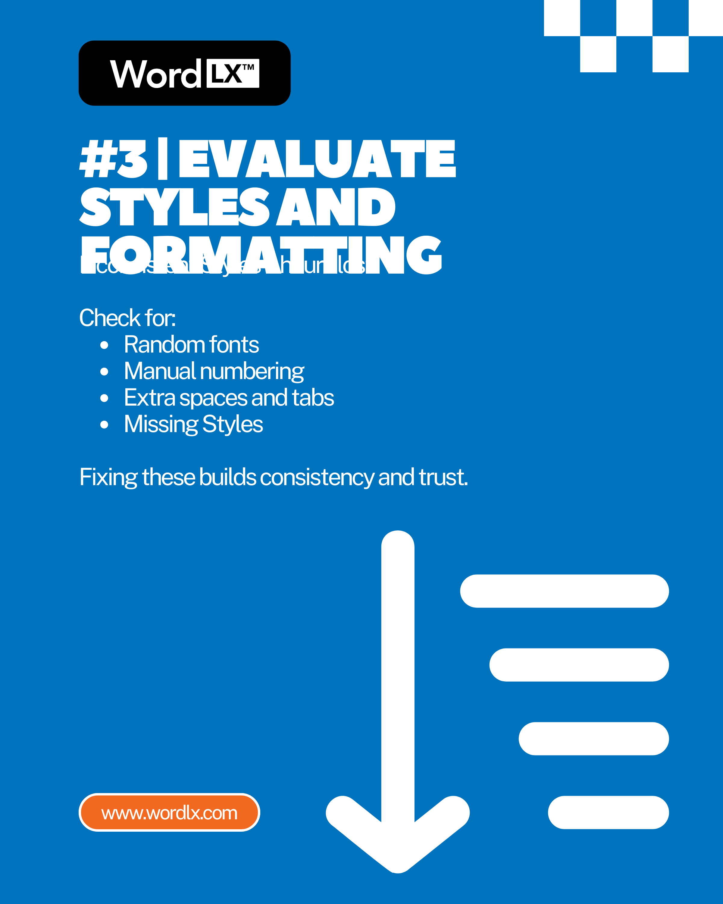 Downward arrow over text alignment lines representing document formatting review.