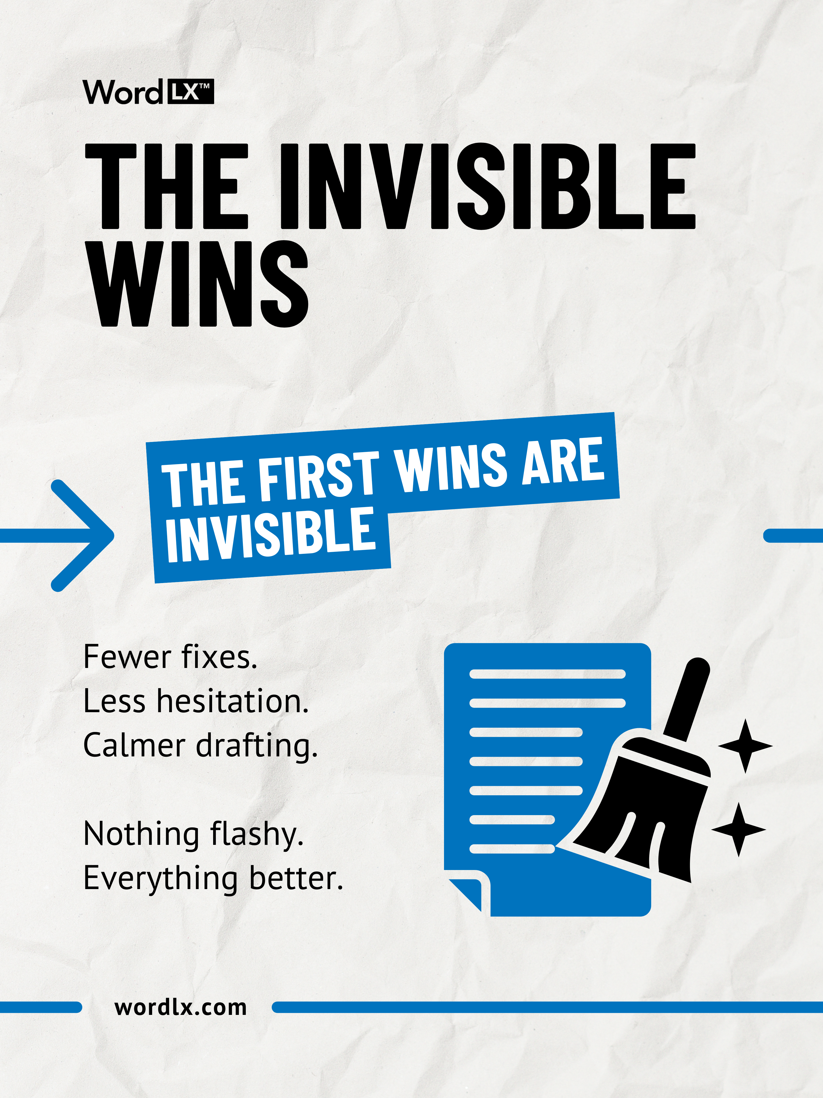 Graphic showing that early wins in law firm digital transformation are invisible including fewer fixes calmer drafting and less hesitation
