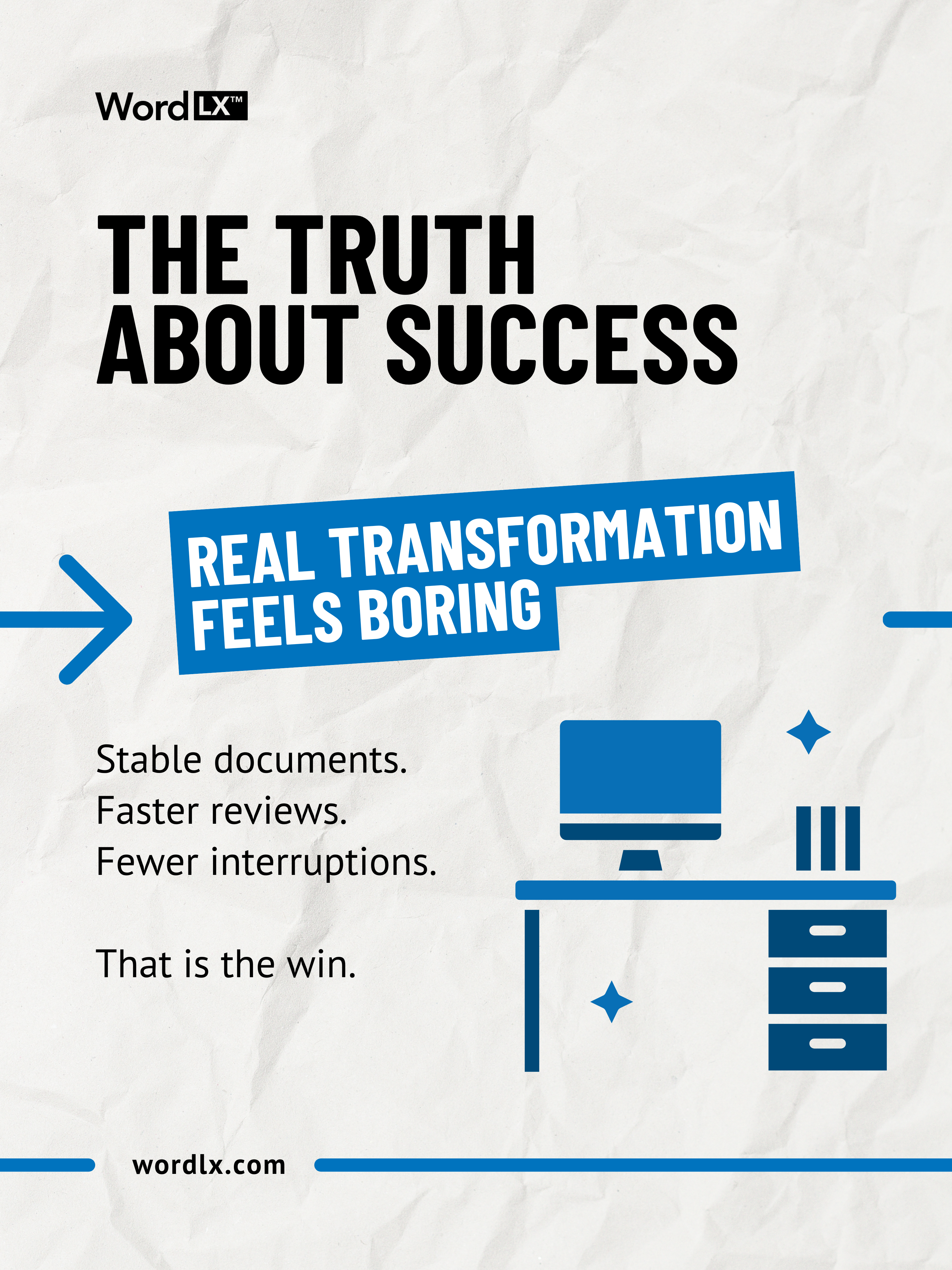 Visual showing that successful law firm digital transformation focuses on stable documents faster reviews and fewer interruptions rather than flashy technology
