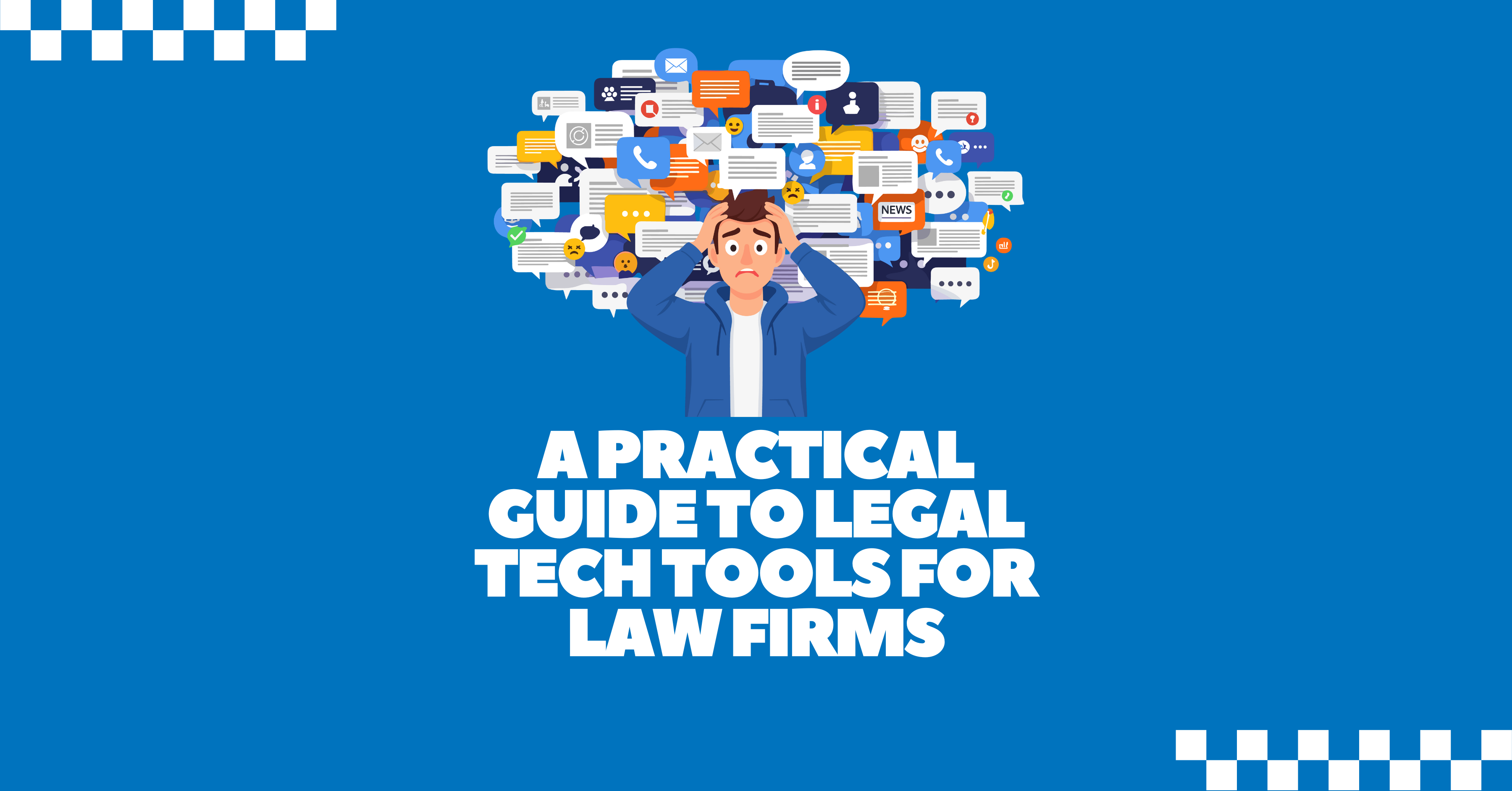 Illustration showing a lawyer overwhelmed by multiple legal tech tools and notifications