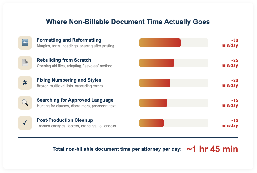 Infographic showing how saving 30 minutes per day on document tasks compounds to 120 hours per attorney per year and 1,200 hours across a 10-attorney firm