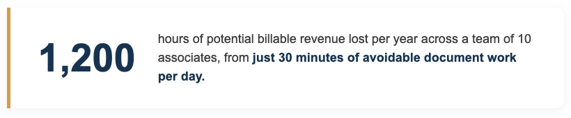 Word LX call to action banner asking how much billable time your law firm could recover with document automation