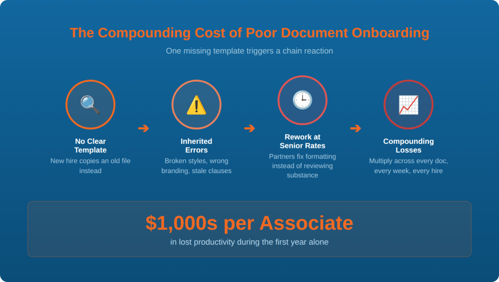 Flow diagram showing how one missed template leads to formatting errors then rework at senior rates then compounding costs for law firms onboarding new lawyers