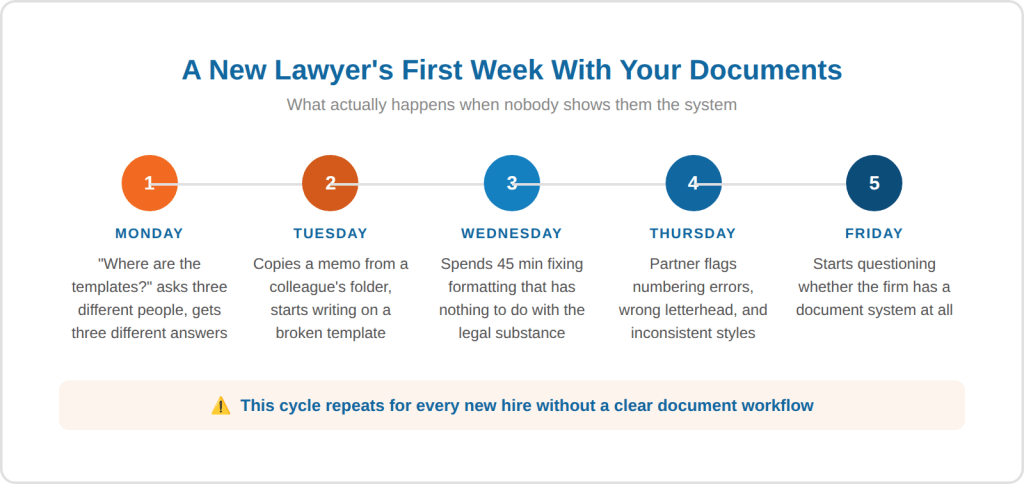 Timeline showing a new lawyer's first week of document challenges from searching for templates to formatting rework and inconsistent outputs