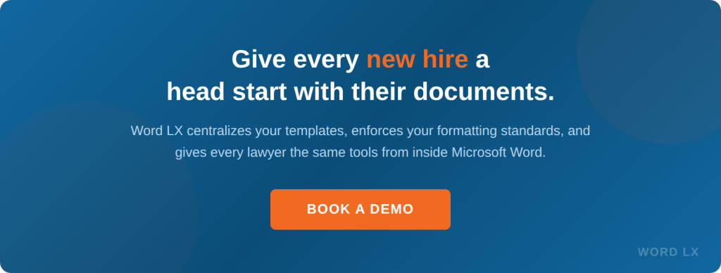 Call to action banner for Word LX document automation demo helping law firms onboard new lawyers with centralized templates and consistent document workflows