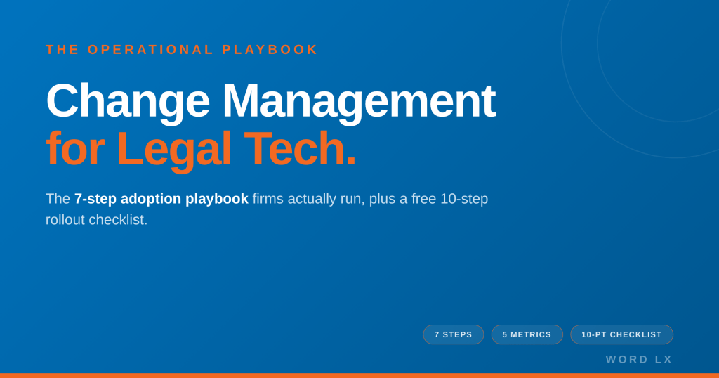 Hero banner for an operational playbook on change management for legal tech, with bold title and Word LX blue gradient background, promoting the 7-step lawyer adoption playbook and a free 10-step rollout checklist.