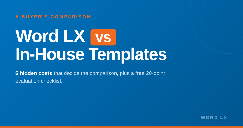 Word LX vs In-House Templates hero banner with massive headline, orange vs pill, and Word LX blue gradient background, promoting a buyer's comparison and a free 20-point evaluation checklist.