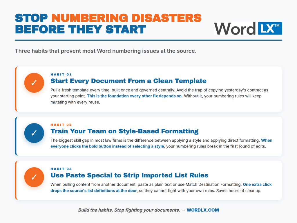 Checklist of three habits that prevent Word numbering disasters at law firms