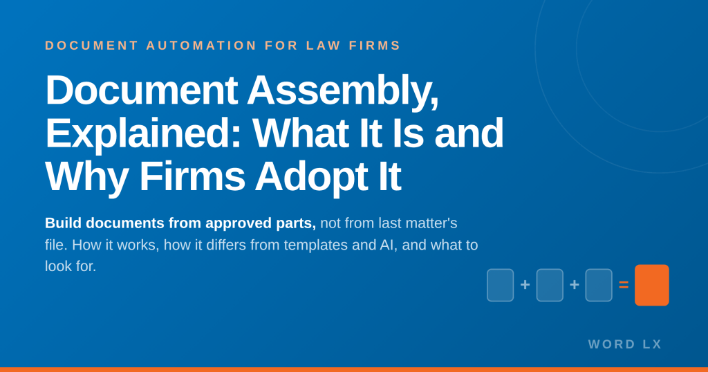 Hero banner reading Document Assembly Explained, What It Is and Why Law Firms Are Adopting It, on a Word LX blue gradient with an orange accent bar.